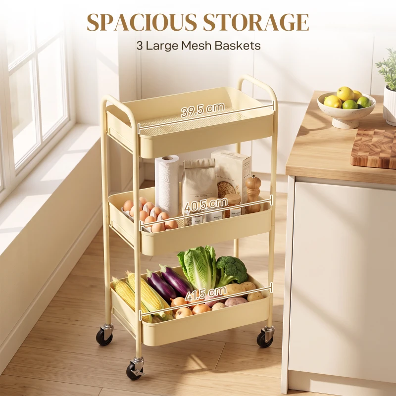 HOMCOM Three-Tier Steel Storage Trolley - Yellow