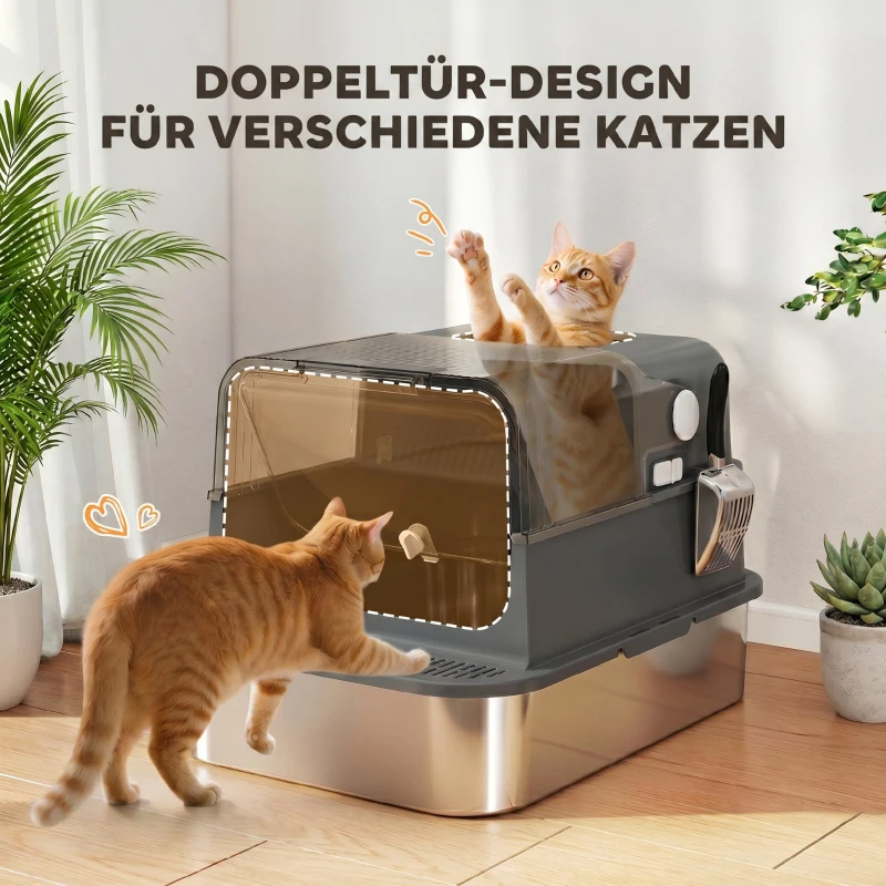 PawHut Katzenklo Edelstahl mit Deckel XXL 72L für große Katzen und Mehrere Katzen mit Doppeltüren Schaufel Pedal Anti-Leck