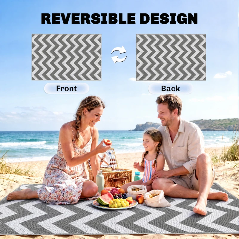 Outsunny Outdoor Rug Reversible Mat Plastic Straw Rug Portable RV Camping Mat for Garden Deck Picnic Indoor, 121 x 182 cm (4 x 6 ft), Light Grey & White