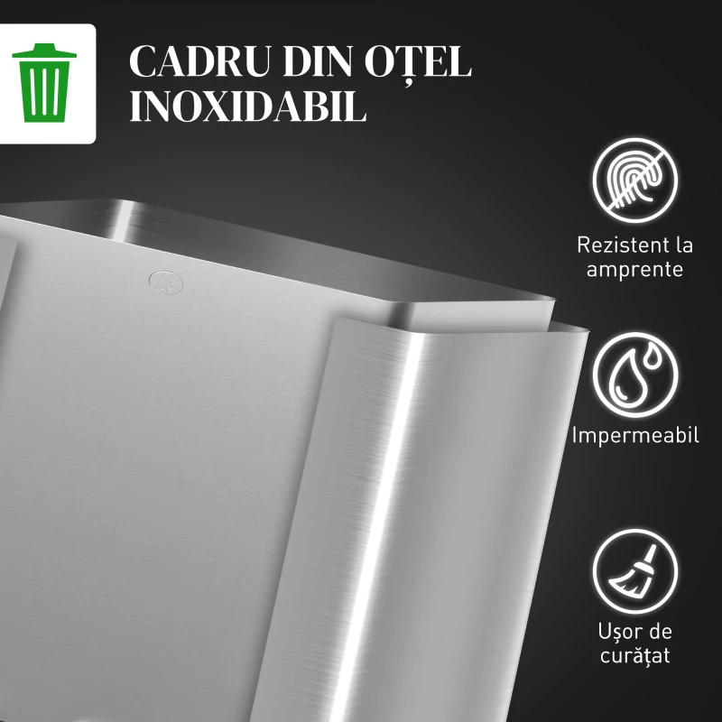 HOMCOM Coș de Gunoi cu 3 Compartimente 10L pentru Bucătărie, Cu Pedale și Capace cu Închidere Silențioasă, Oțel Inoxidabil și PP, 49.6x34.5x38.6 cm, Argintiu