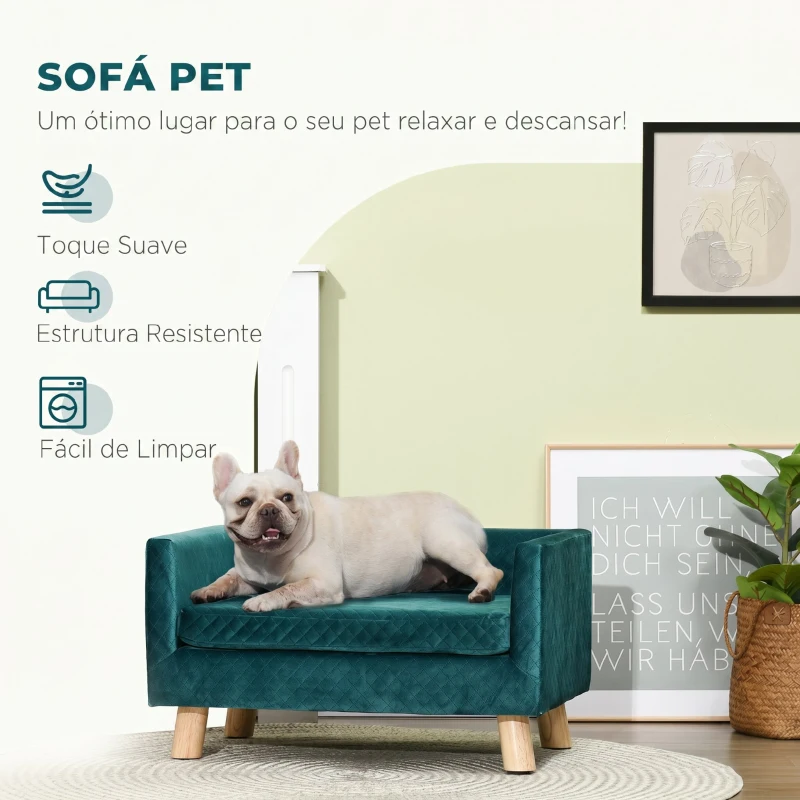 PawHut Sofá para Cães Pequenos 64x45x36 cm em Veludo com Almofada Lavável e Pés em Madeira de Bétula Azul Esverdeado