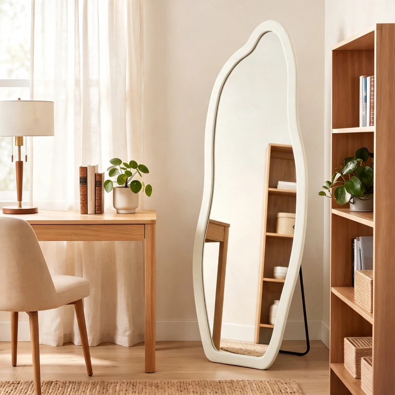 HOMCOM Espelho de Corpo Inteiro 160x60 cm de Pé ou Parede com Moldura Arqueada Aveludada Creme