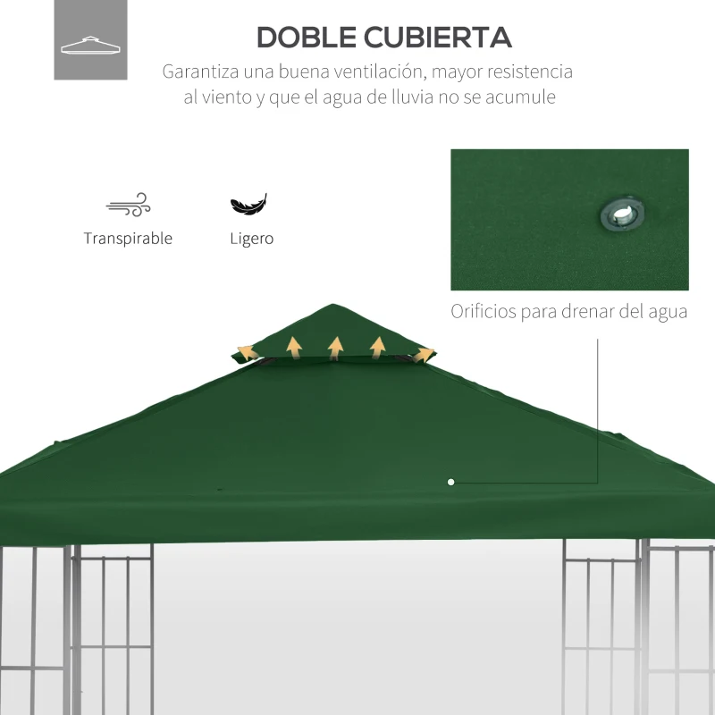 Outsunny Techo de Repuesto para Cenador, 3x3 m, Cubierta de Repuesto con Techo Doble, 8 Orificios de Drenaje y Protección UV, SOLO Toldo de Recambio para Pabellón Gazebo, Verde