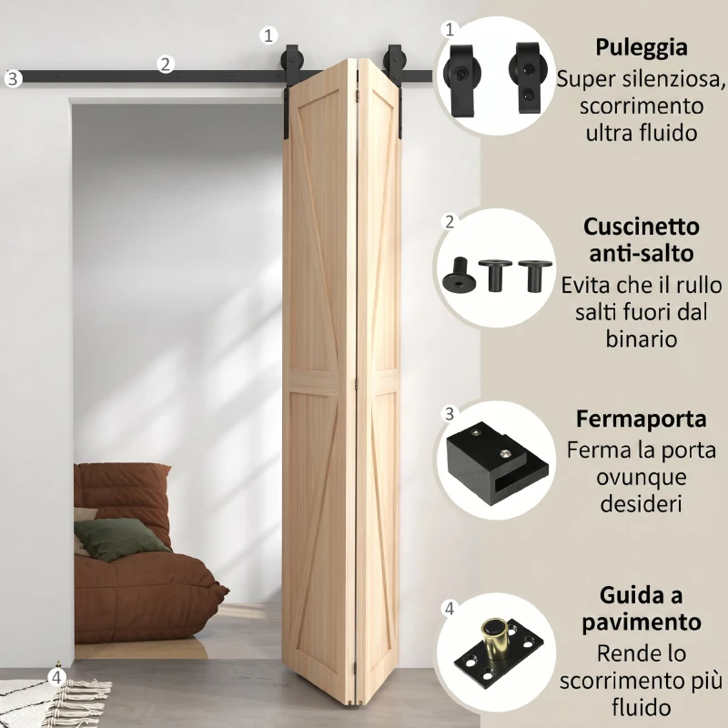 HOMCOM Kit per Porta Scorrevole Pieghevole in Acciaio al Carbonio Nero 152.5x0.5x4 cm