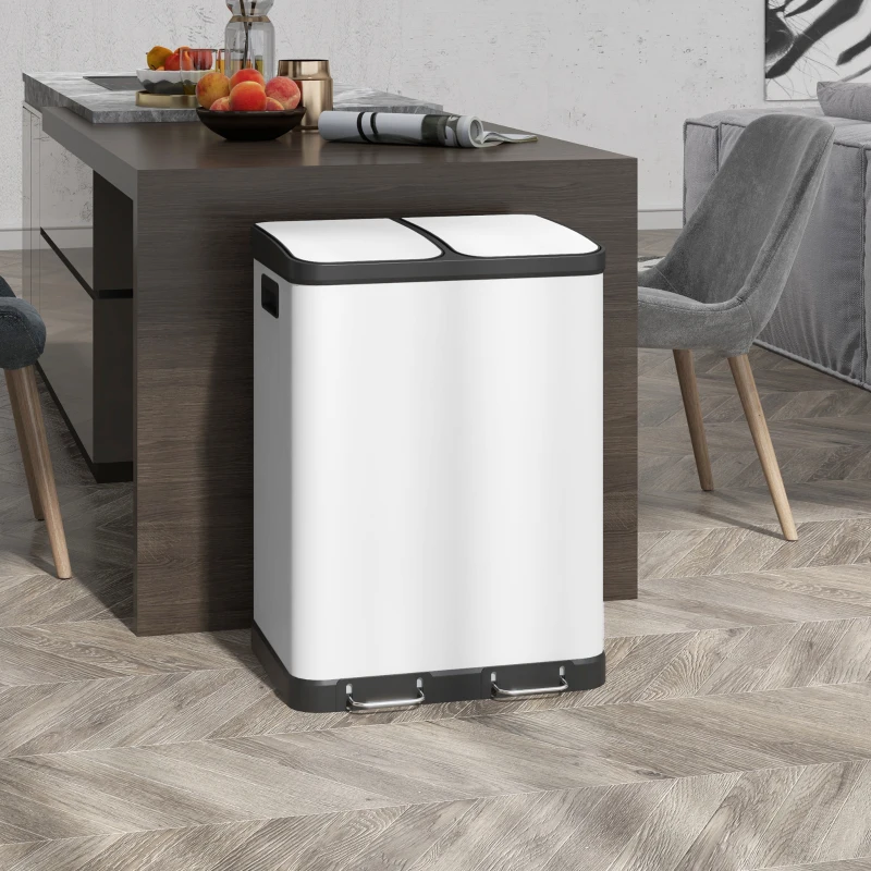 HOMCOM Doppelfach-Mülleimer, 2 x 30L, fingerabdruckresistent, Pedal, herausnehmbare Inneneimer, Grau