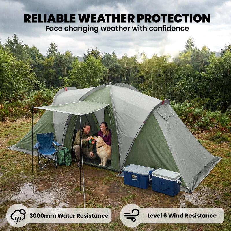 Outsunny Family Camping Tent 3000mm Waterproof Windproof Tunnel Tent 6 Person Two Bedrooms Green