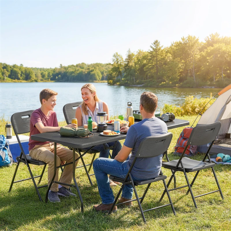 Outsunny 5 Piece 6ft Foldable Table and Chairs, Portable Picnic Table Set with 4 Chairs, Waterproof Top and Steel Frame, Black