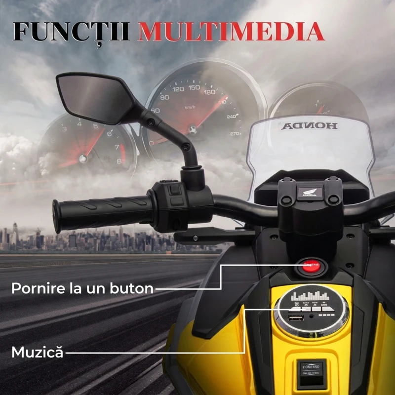 AIYAPLAY Motocicletă Electrică Copii, Licențiată Honda, Faruri Roți Antrenament, Galbenă