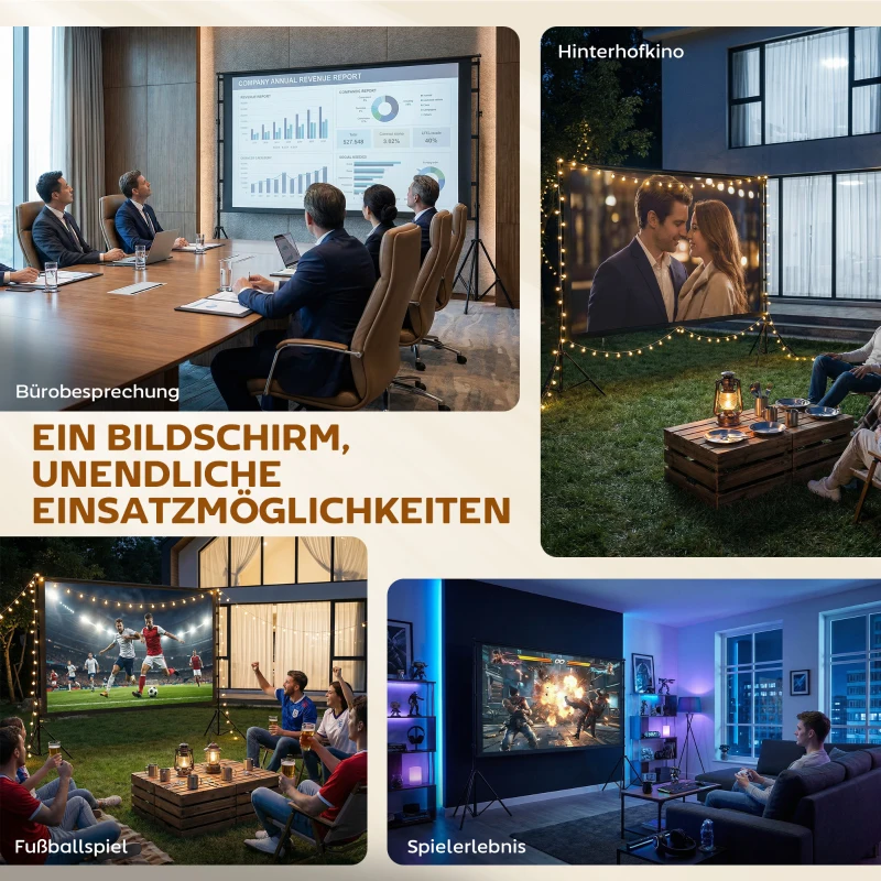 HOMCOM 254 cm 16:9 HD 4K/8K projectiescherm met standaard, draagbaar dubbelzijdig projectiescherm met inklapbare statieven, wit