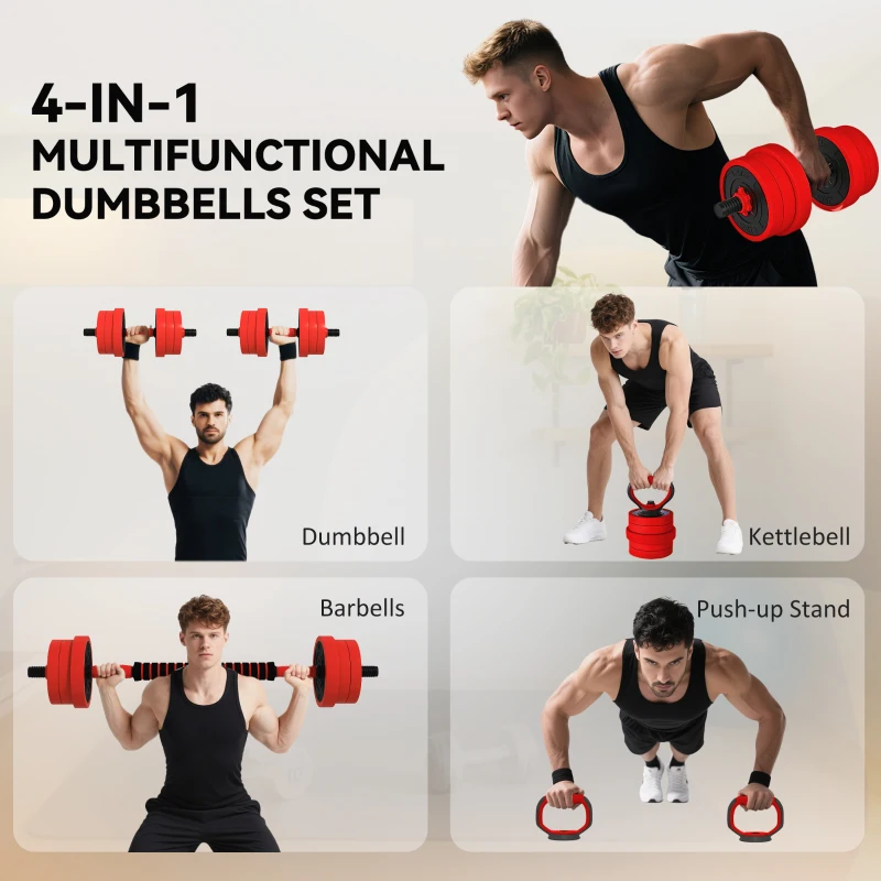 SPORTNOW 20kg 6-In-One Adjustable Weight Dumbbells Set, Barbell, Kettlebell, Push Up Stand - Red