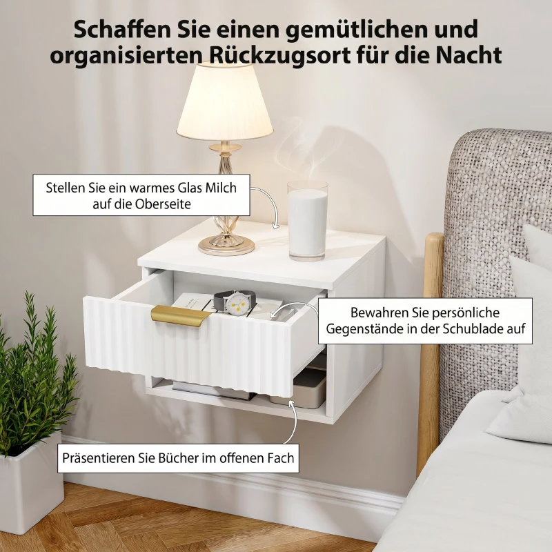 HOMCOM Set de 2 Noptiere Suspendate cu Panouri Canelate, Sertar și Raft, 40x34x29 cm, Alb