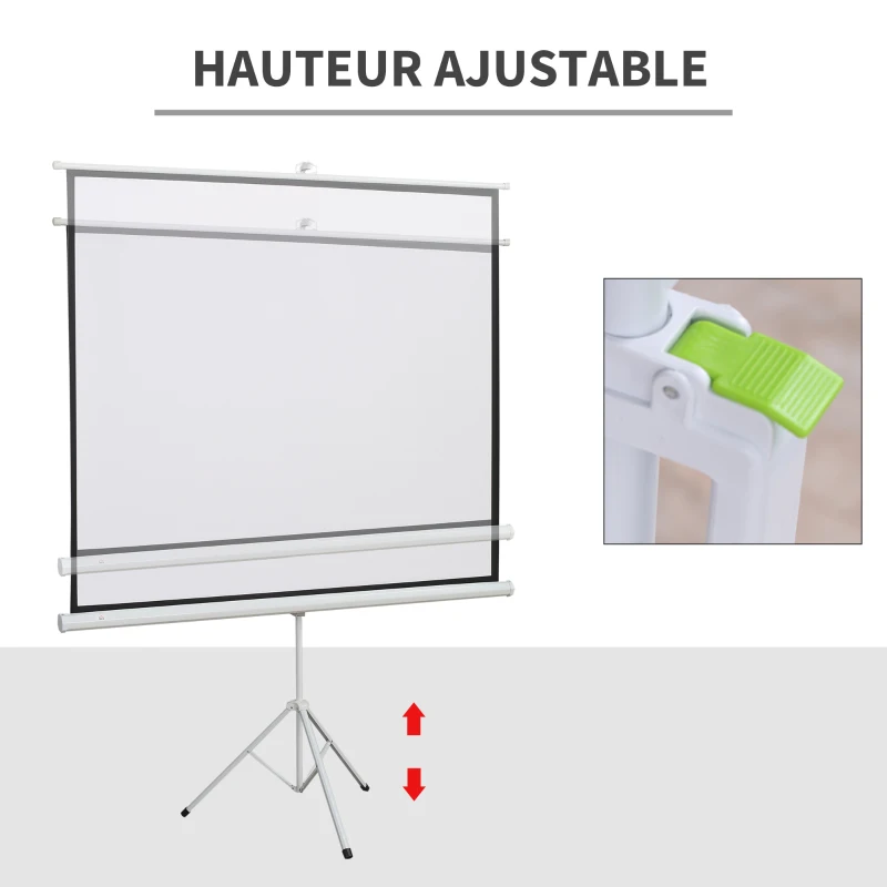 HOMCOM Écran de Projection avec Trépied Pliable 84 Pouces 4K HD 4:3, 180L cm, Écran Vidéoprojecteur, Hauteur Réglable, Angle de Vision 160°, pour Home Cinéma, Films en Intérieur/Extérieur, Blanc