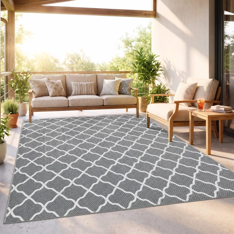 Outsunny Tapete de Exterior Moderno Reversível e Impermeável para Varanda Campismo Praia 182x274cm Cinza e Branco