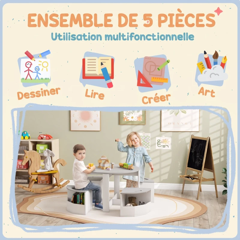 AIYAPLAY Table Enfant avec 4 Chaises 5 Pièces avec Rangement, Cadeau pour Fille Garçon 3-8 Ans, Ø 78 x 49 cm, Gris