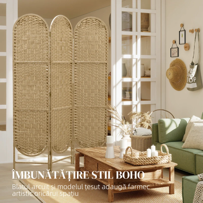 HOMCOM Paravan de Interior Pliabil cu 3 Panouri, 120x170 cm, Stil Boem, din Hârtie și Lemn de Pin, Culoare Lemn