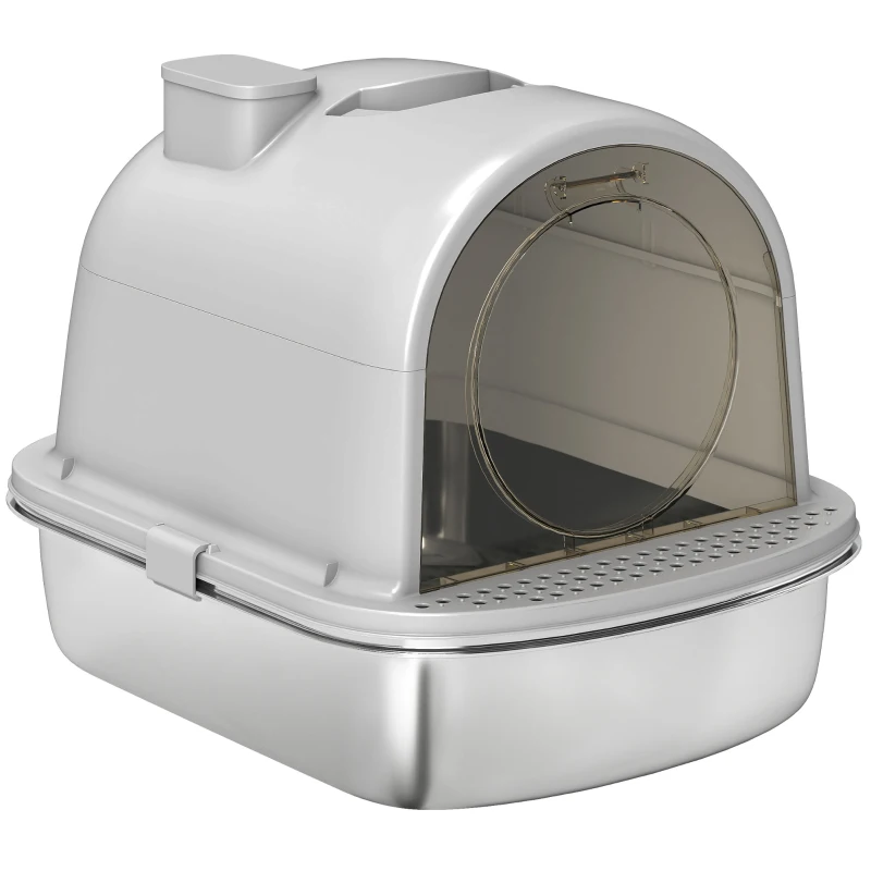 PawHut Lettiera Gatto Chiusa L in Acciaio Inox con Maniglia, Paletta, Pacchetto Deodorante, Antiperdita, Grigio