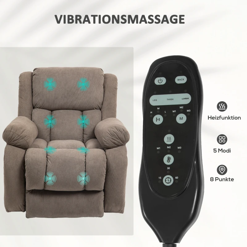 HOMCOM Fernsehsessel mit Massage- und Wärmefunktion, Elektrischer Aufsteh-Sessel, Fernbedienung, Seitentaschen, Hellbraun