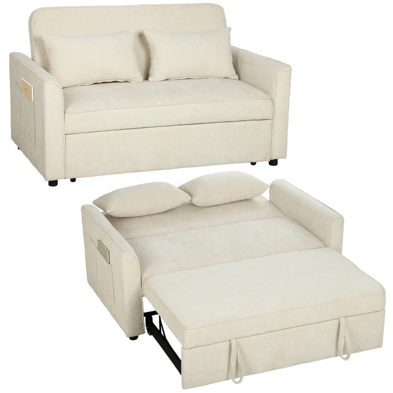 HOMCOM 2-Sitzer Schlafsofa 3-in-1, Clic-Clac Chenille Sofa 142 cm, verstellbare Rückenlehne, 2 Kissen, Beige