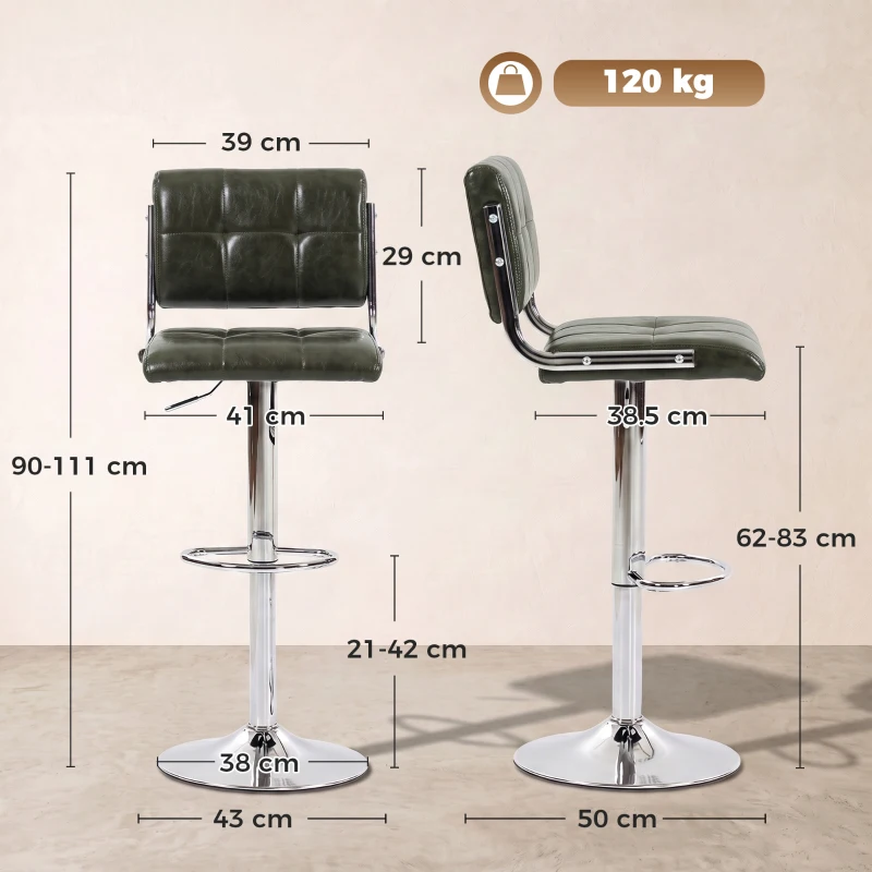 HOMCOM Bar Stools Modern PU Leather Adjustable Breakfast Bar Stools Backrest Set of 2 Green