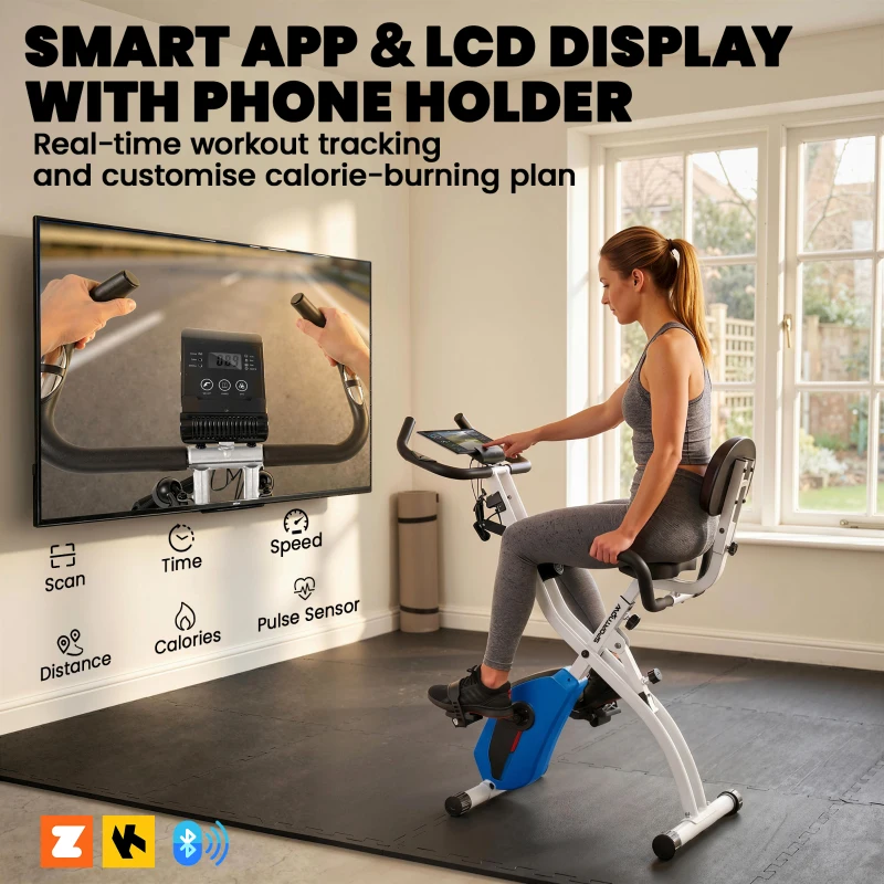 SPORTNOW 4-In-1 Folding Exercise Bike with Resistance Bands, Bluetooth App, 8-Level Magnetic Resistance, LCD Display, Blue