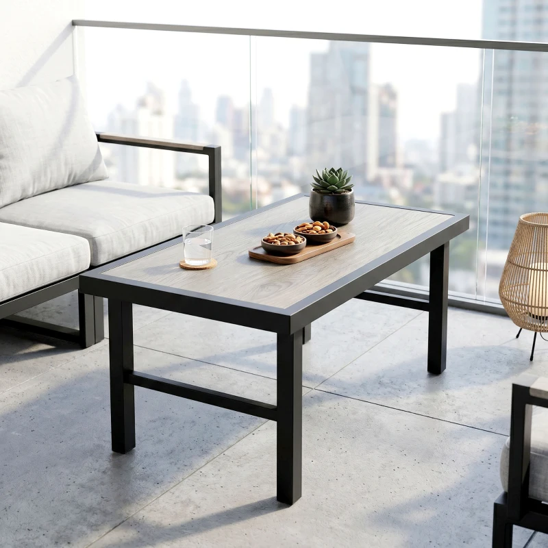 Outsunny Metal Garden Coffee Table, Outdoor Side Table with SPC Woodgrain Tabletop for Outside, Garden, Balcony, Porch, 100 x 53 x 46cm, Grey