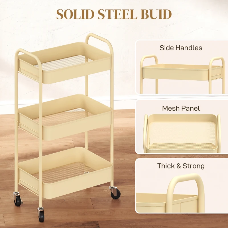 HOMCOM Three-Tier Steel Storage Trolley - Yellow