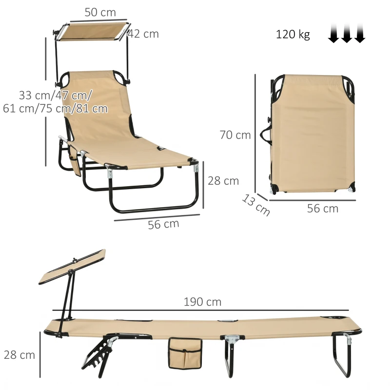 Outsunny 2 Piece Folding Sun Loungers with Canopy, Adjustable Recliner Garden Chairs with Side Pocket, Steel Frame and Breathable Mesh for Outdoor, Pool, Beach, Garden, Tan Brown
