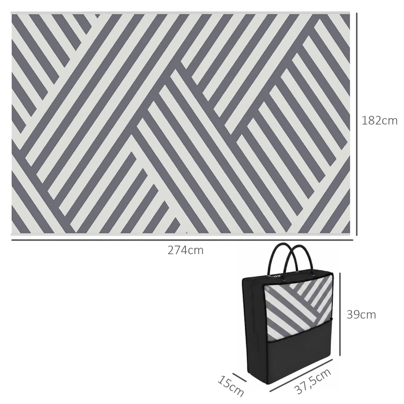 Outsunny Outdoor Wendeteppich, wasserfest, gestreift, 182x274cm, Grau/Creme
