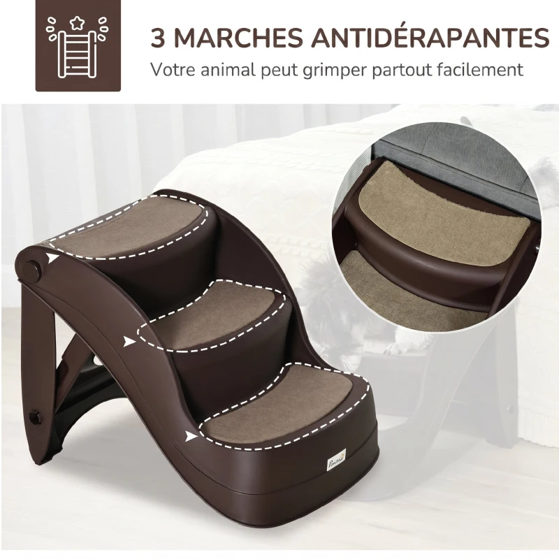 PawHut Escalier pour Chien Pliant à 3 Marches Antidérapantes, pour Chiens Âgés, Chiots, Lit, Canapé, 49x38x38cm, Marron