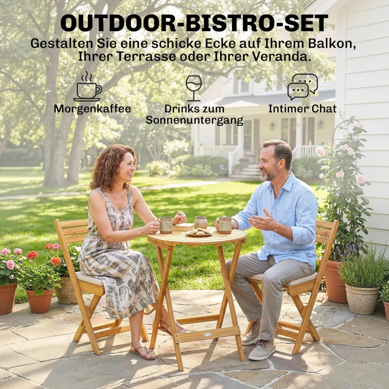 Outsunny Balkonmöbel Set 3 teilig Holz klappbar Gartenmöbel Set mit runder Tisch 2 Stühle Sitzkissen Atmungsaktiv Lamellsitz
