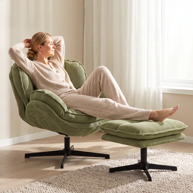 HOMCOM Armchair with Adjustable Footstool, 360° Swivel Chenille Cloud Accent Chair with Thick Cushion, Steel Base, Green
