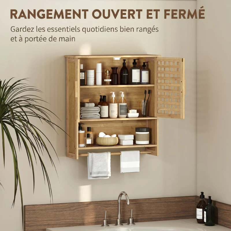 HOMCOM Armoire murale de salle de bain en bambou avec 2 portes ajourées, compartiment ouvert et étagère réglable, bois naturel