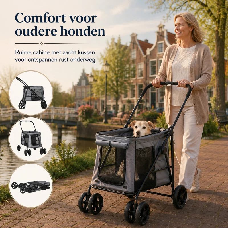 PawHut Opvouwbare Hondenbuggy voor Kleine en Middelgrote Oudere Honden tot 20 kg Grijs