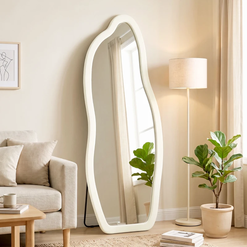 HOMCOM Espelho de Corpo Inteiro 160x60 cm de Pé ou Parede com Moldura Arqueada Aveludada Creme