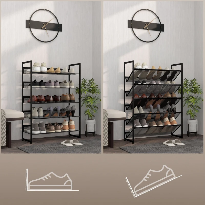 HOMCOM Zapatero de 5 Niveles Zapatero Estrecho de Acero para 15 Pares de Zapatos para Recibidor Entrada Pasillo Negro