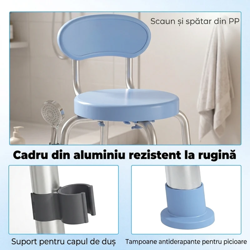 HOMCOM Scaun de Duș Rotativ 360° cu Spătar, Înălțime Reglabilă, Albastru Deschis