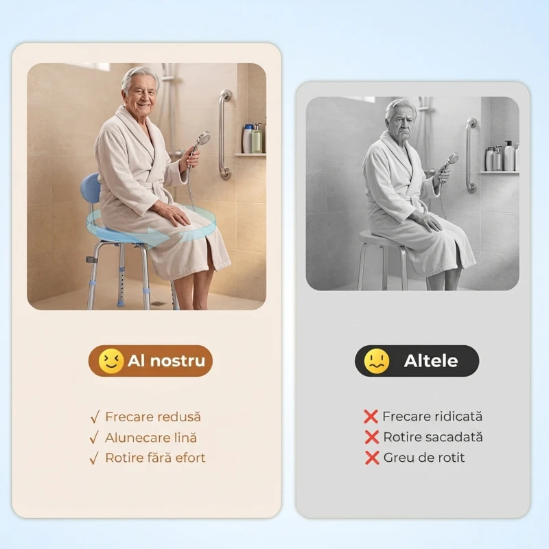 HOMCOM Scaun de Duș Rotativ 360° cu Spătar, Înălțime Reglabilă, Albastru Deschis