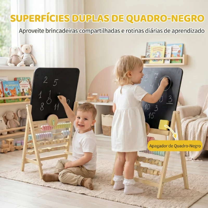AIYAPLAY Cavalete Infantil em Madeira com Quadro de Dupla Face, Relógio, Ábaco e Apagador, a partir de 2 Anos, Natural