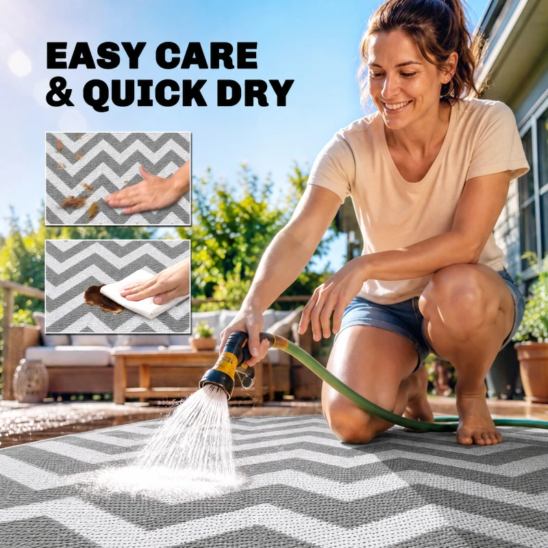 Outsunny Outdoor Rug Reversible Mat Plastic Straw Rug Portable RV Camping Mat for Garden Deck Picnic Indoor, 121 x 182 cm (4 x 6 ft), Light Grey & White