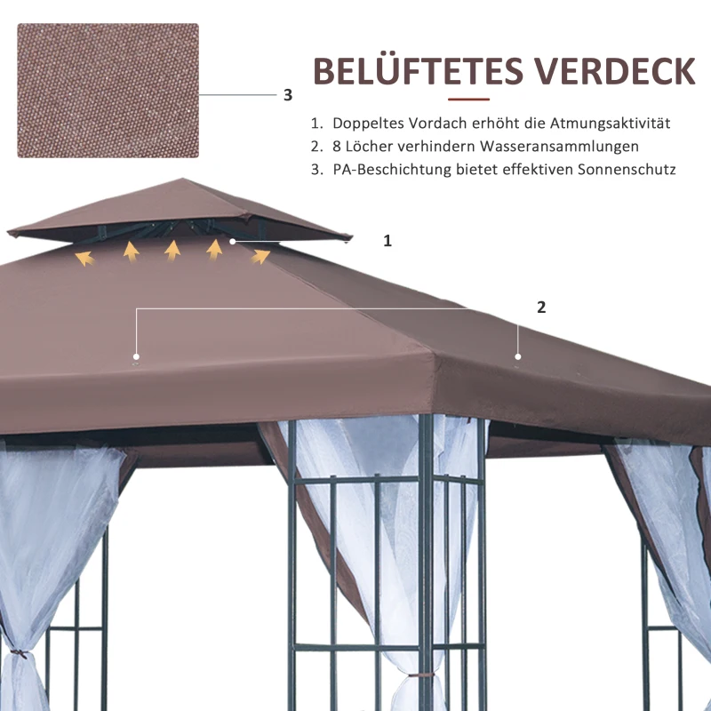 Outsunny Pavillon Gartenpavillon mit Moskitonetze Seitenwände, Partyzelt mit Doppeldach, Gartenzelt Festzelt 2,97x2,97m
