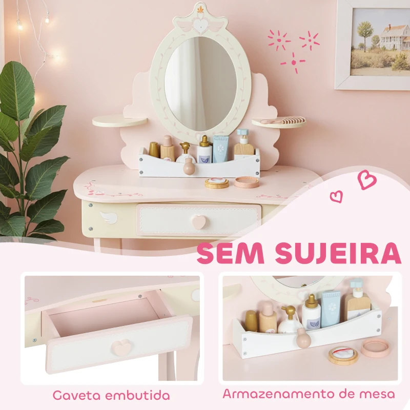 AIYAPLAY Toucador para Crianças com Banco Toucador com Espelho Gaveta e 7 Acessórios Rosa