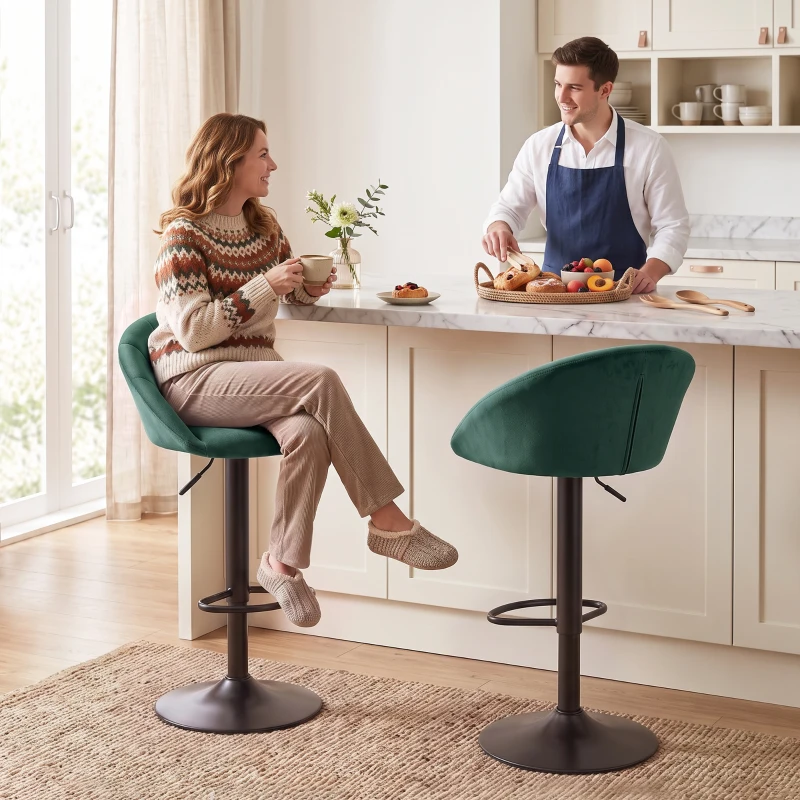 HOMCOM Bar Stools Set of 2 Adjustable Swivel Velvet Breakfast Bar Stools with Backrest, Dark Green
