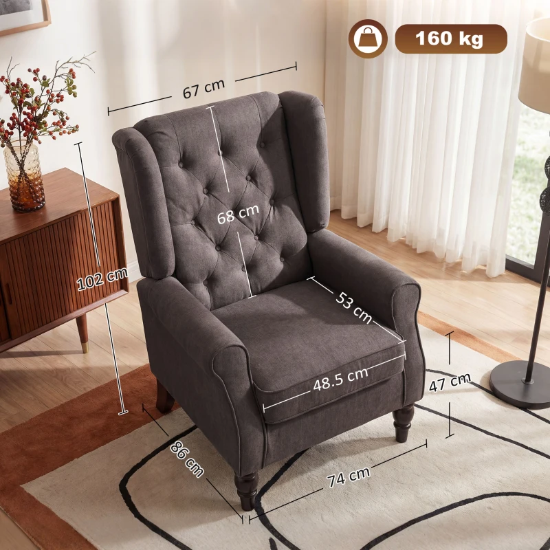 HOMCOM Wingback Accent Chair, Retro Upholstered Button Tufted Occasional Chair for Living Room and Bedroom, Brown