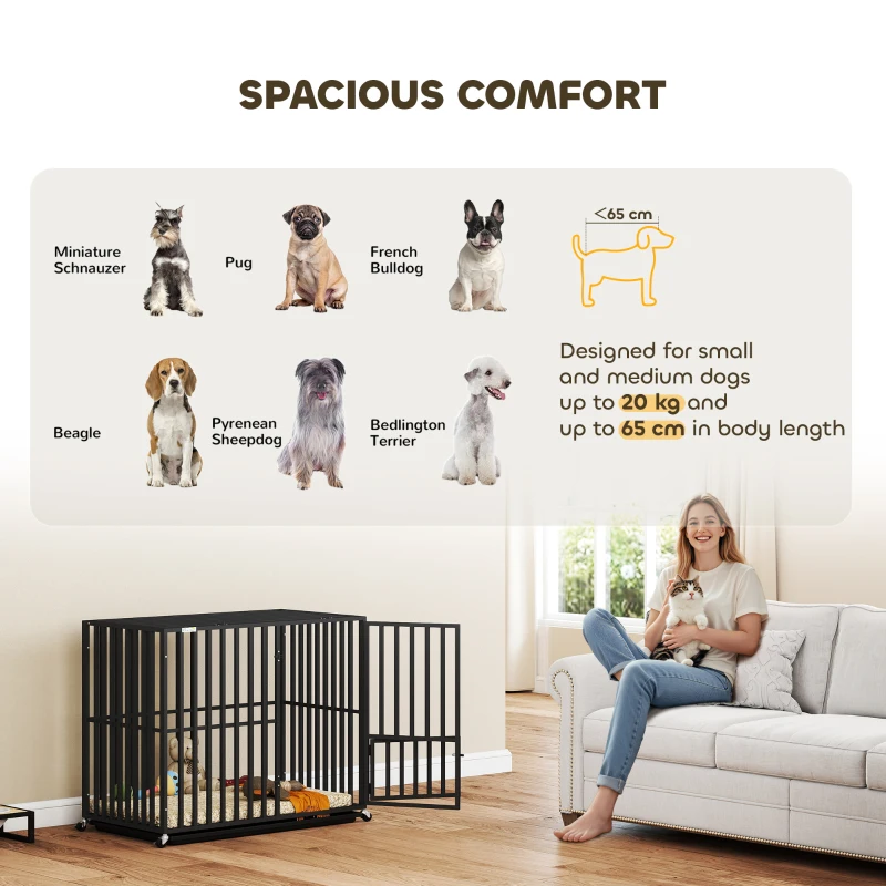 PawHut Heavy Duty Dog Crate, Dog Cage with Wheels for Small Medium Breeds, Metal Pet Kennel with Removable Tray