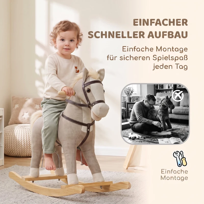AIYAPLAY Schaukelpferd mit Sound und Sicherheitsgriffen, Reitpferd mit Holzgestell für Kleinkinder von 12–36 Monaten, Grau