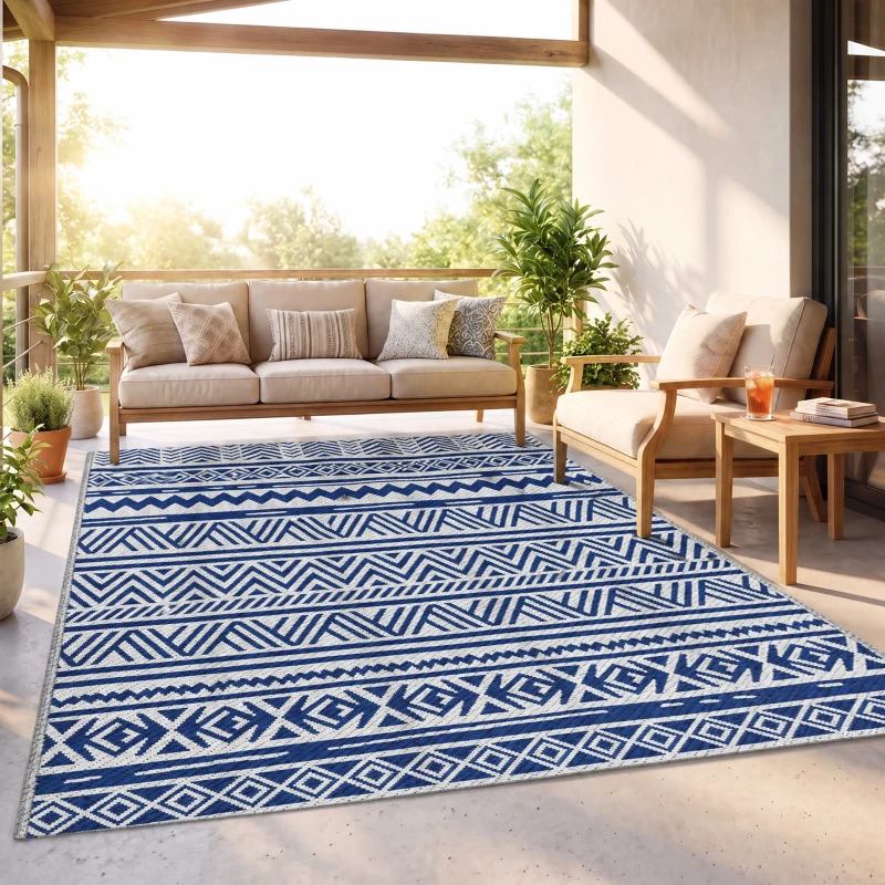 Outsunny Tapete de Exterior 182x274 cm Tapete Reversível Estilo Moderno para Varanda Pátio Campismo Praia Azul Escuro e Branco