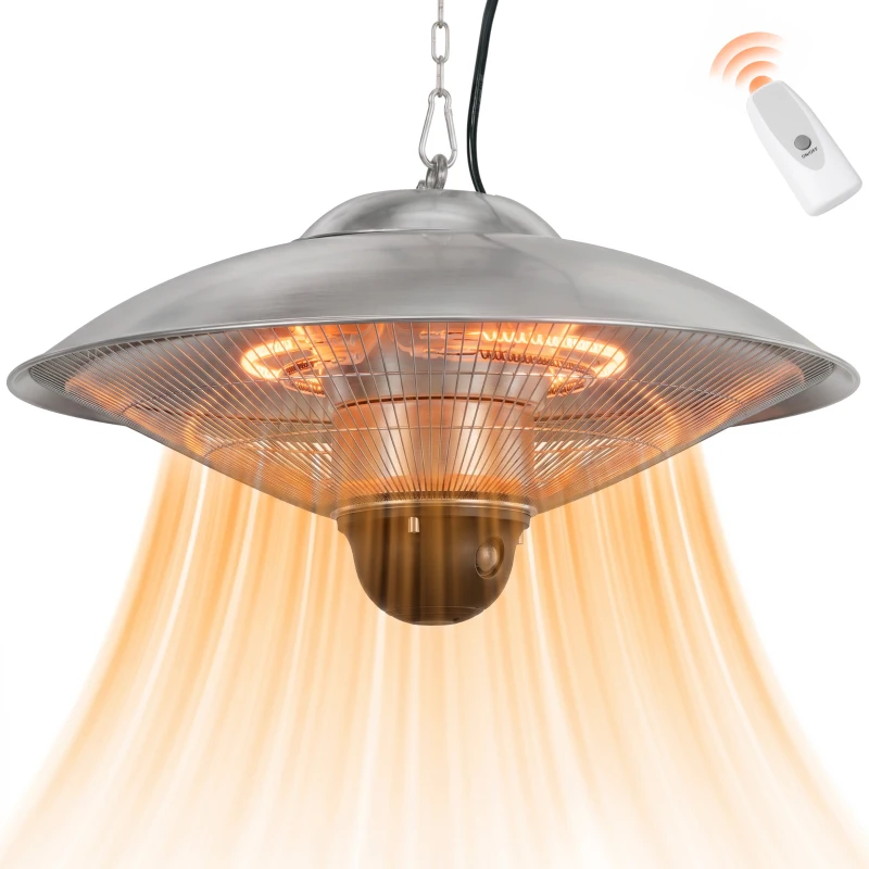 Outsunny Calefactor Exterior de Techo 1010/2210W Estufa de Infrarrojos con Mando a Distancia Ø58,5x33 cm 12,6 m² Plata