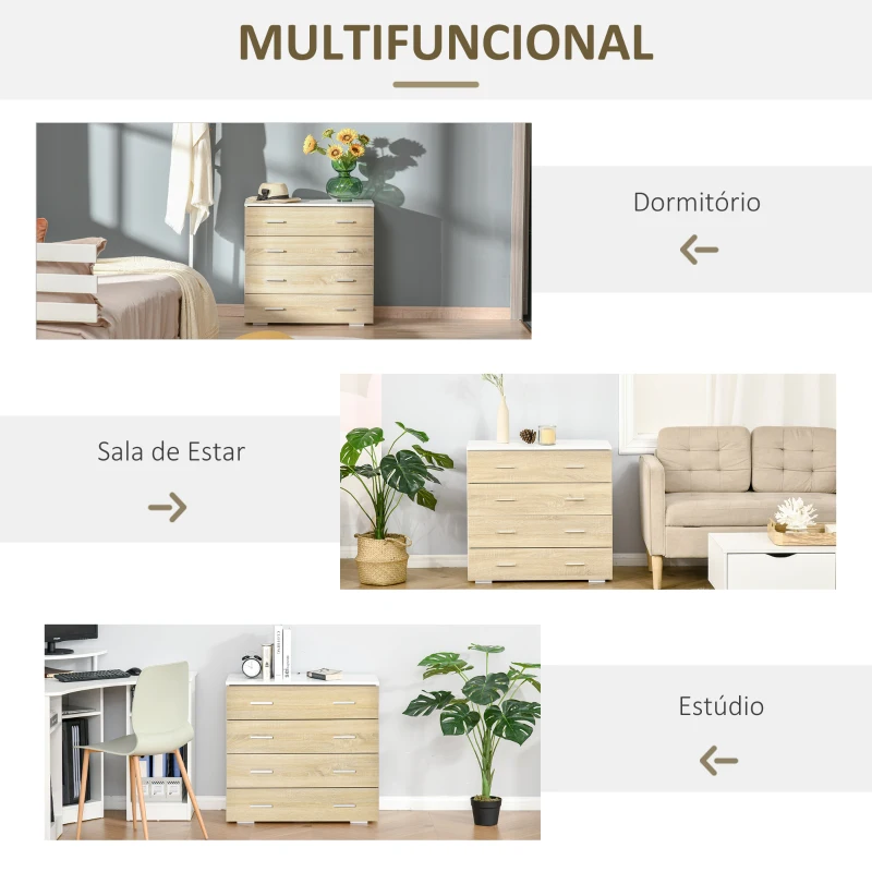 HOMCOM Cómoda com 4 Gavetas Cómoda Auxiliar de Armazenamento Moderna para Dormitório Corredor Sala de Estar 76x35x72cm Carvalho e Branco
