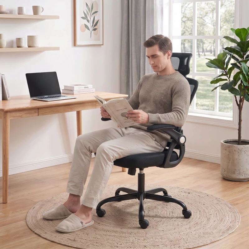 HOMCOM Cadeira de Escritório Ergonômica Apoios de Braço Rebatíveis Apoio de Cabeça Função Basculante Altura Ajustável 59x62x125 cm Preto