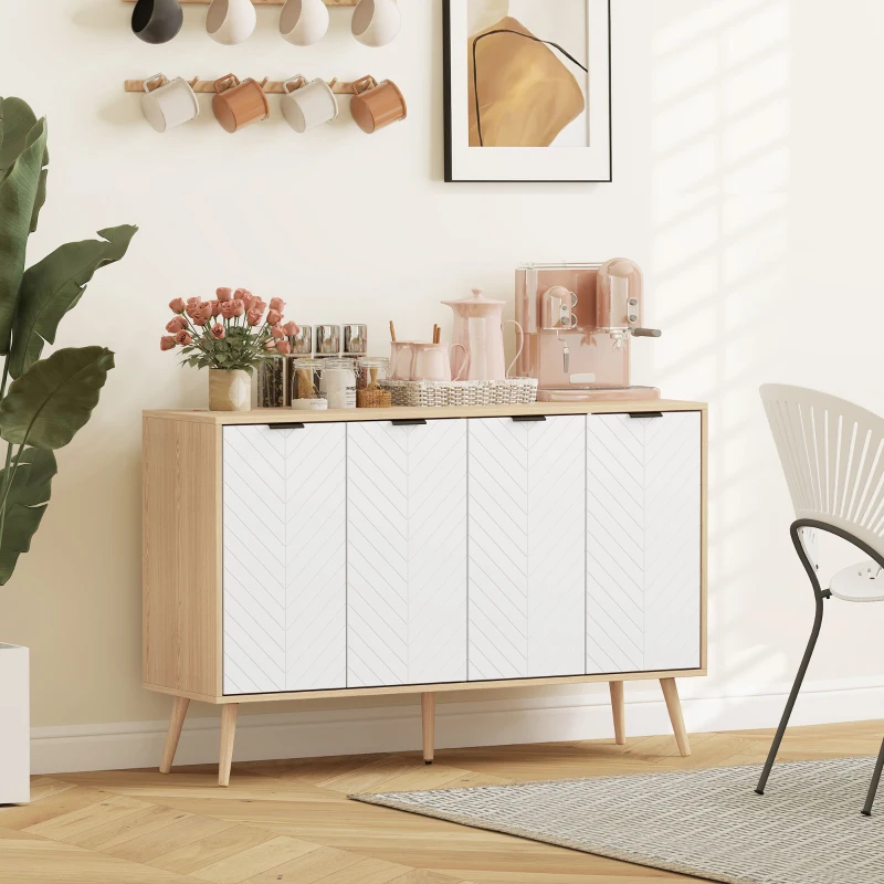 HOMCOM Mueble Buffet Auxiliar con Estantes Ajustables 2 Armarios y Antivuelco Carga 50 kg 120x35x77,4 cm Blanco y Natural